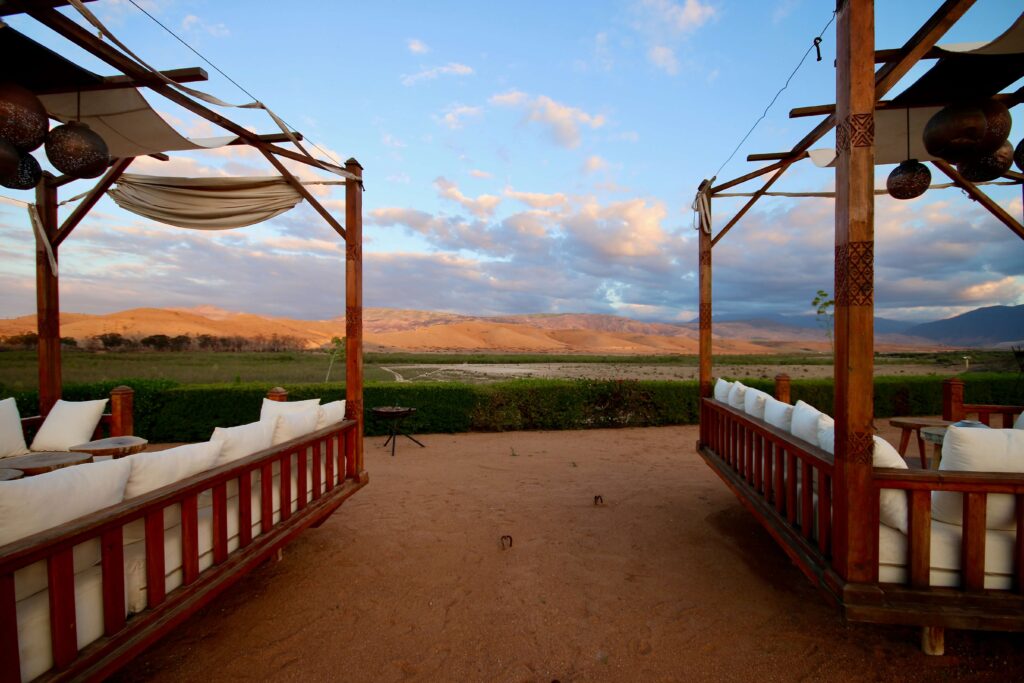 Cabanas overlooking the Atlas Mountains at a luxury desert camp in Agafay