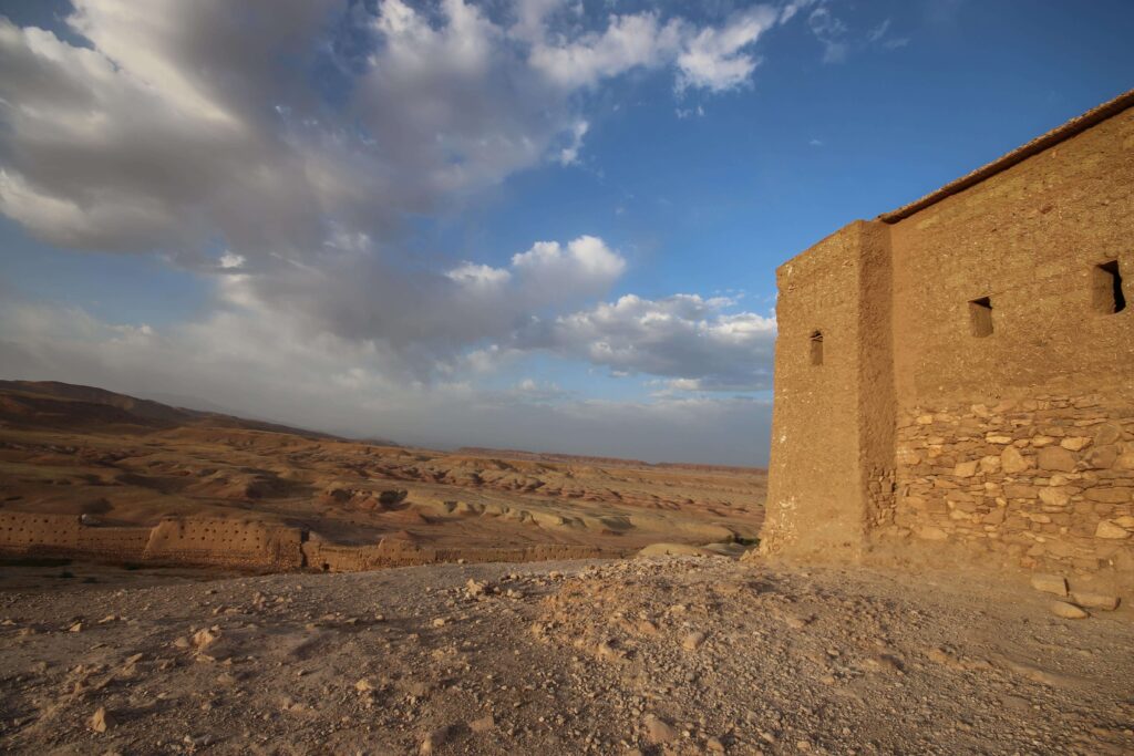 A historic granary overlooking the desert terrain surrounding Ait Benhaddou