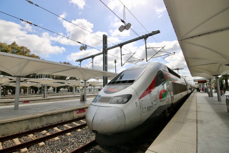 The front of an Al Boraq high-speed train parked at a station in Morocco