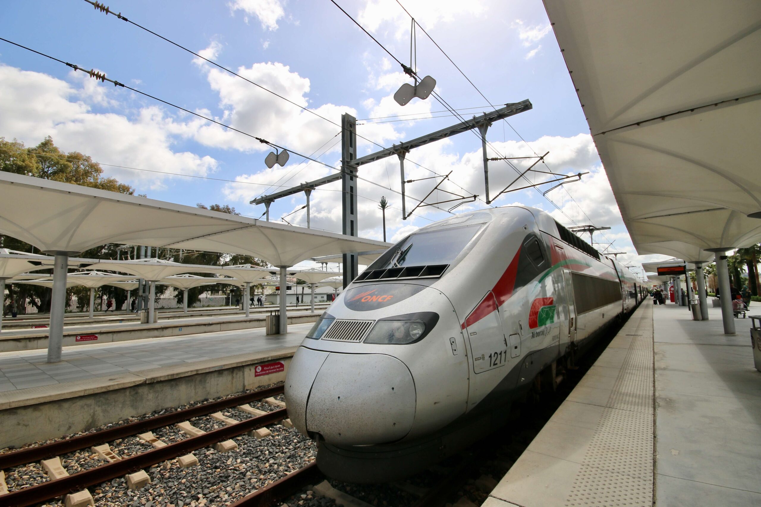 The front of an Al Boraq high-speed train parked at a station in Morocco