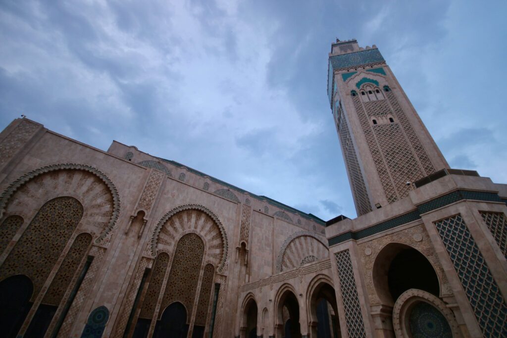 The towering minaret of Hassan II Mosque in Casablanca, Morocco