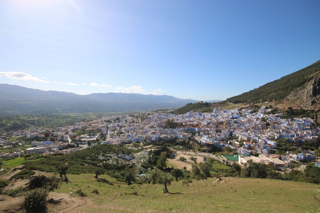 Best way to get from Fes to Chefchaouen - Looking across the blue and white buildings of Chefchaouen from the Spanish Mosque