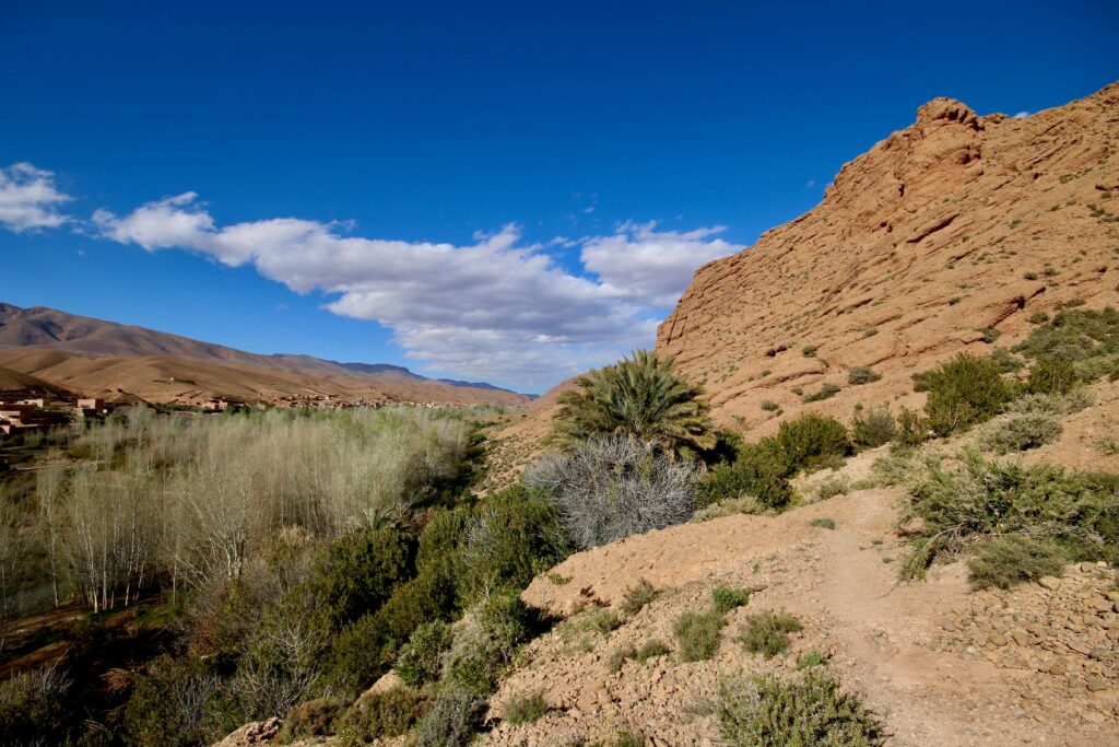 A trail winds through a rocky landscape in Dades Gorge