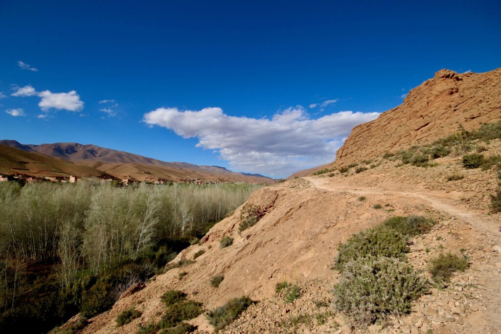 A trail winds along the edge of Dades Gorge, which offers some of the best hikes in Morocco