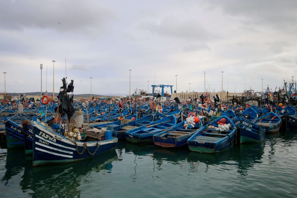 Blue fishing boats moored at the Essaouira port