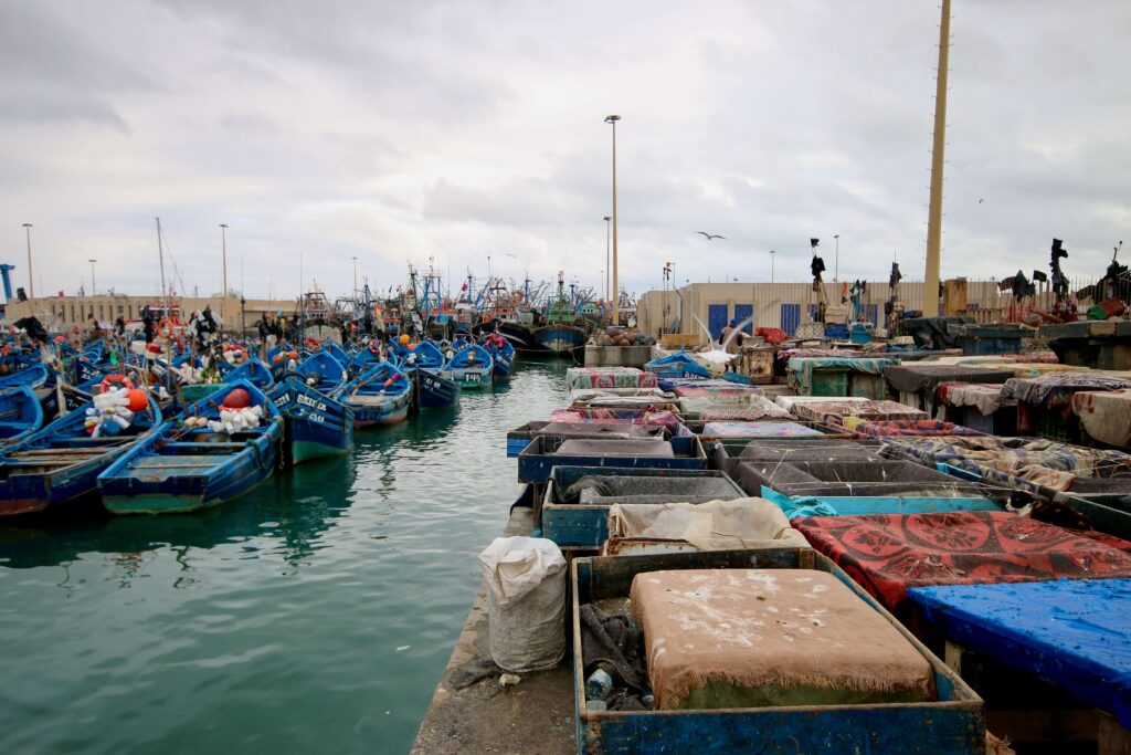 Blue fishing boats moored at Essaouira's Skala du Port