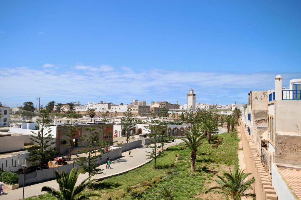 Palm trees dot a park along the medina walls of Essaouira
