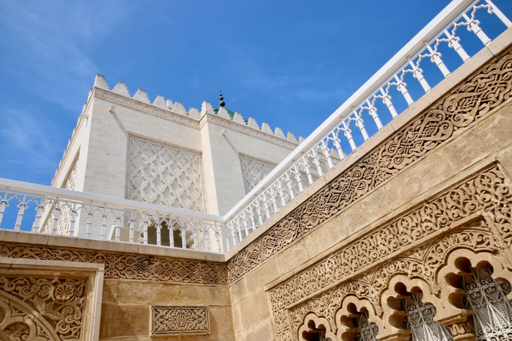 The beautifully carved walls of the Mausoleum of Mohammed V in Rabat, Morocco
