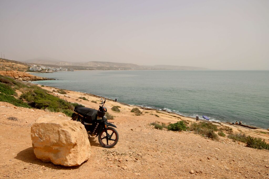 A motorbike parked on the coastline near Agadir