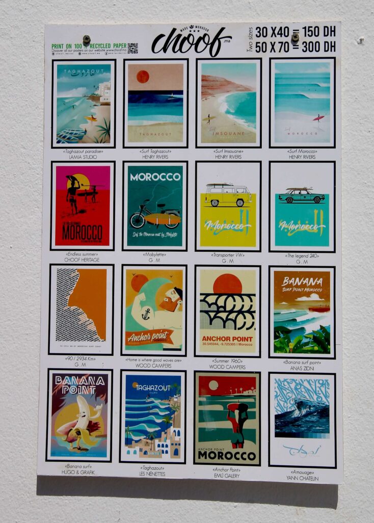 Surf-inspired posters in the village of Taghazout, which can be visited as a day trip from Agadir