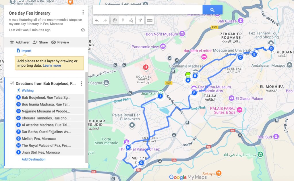 Map of a one day Fes itinerary