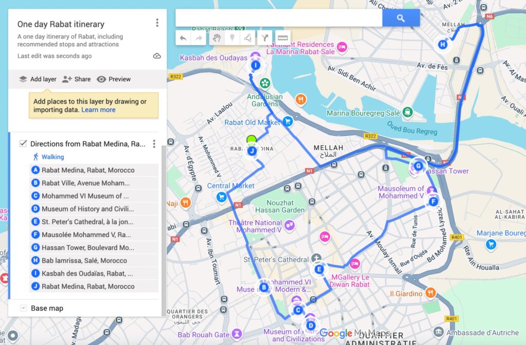 Map of a one day Rabat itinerary in Morocco