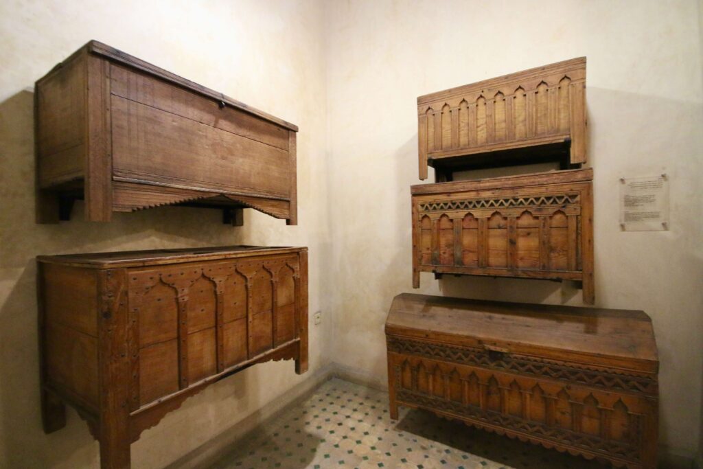 Wooden chests on display at the Nejjarine Museum of Wooden Arts & Crafts in Fes