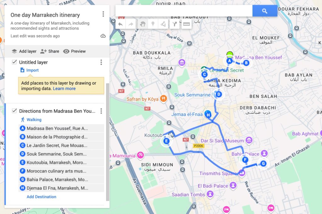 Map for a suggested one day Marrakech itinerary