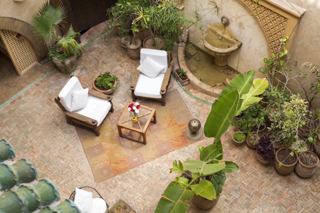 An elevated view of an interior courtyard at one of the best riads in Essaouira