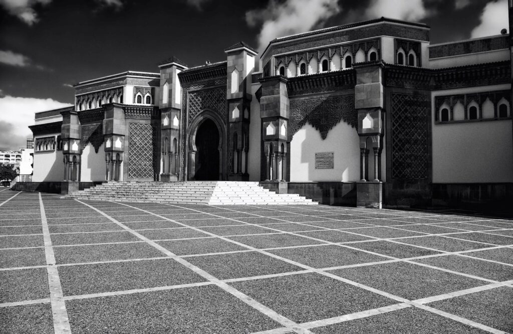Top things to do in Agadir - A black and white photo of the Mohamed V Mosque in Agadir