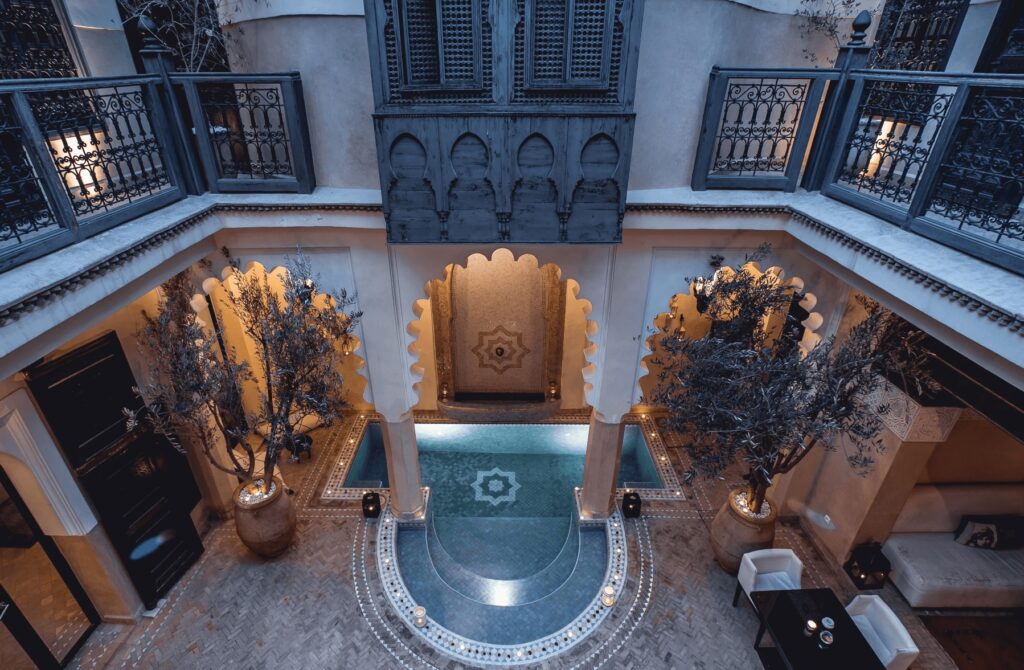 Looking down on the central courtyard of Ambre Epices Medina Riad in Marrakech