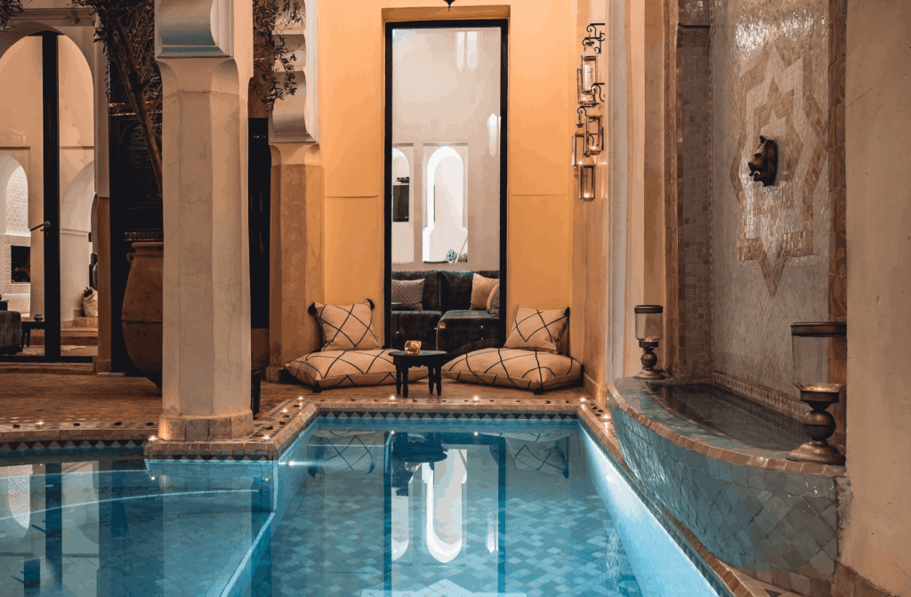 A pool in the courtyard of Ambre Epices Medina Riad, one of the best hotels in Marrakech with a hammam