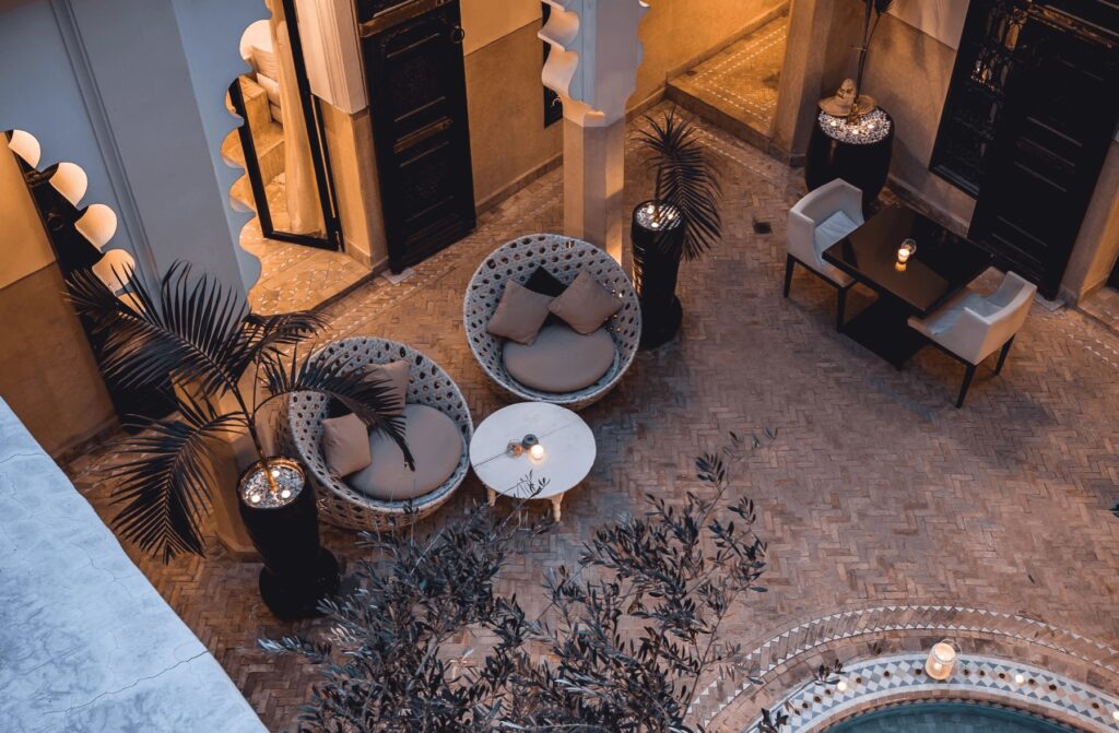 Looking down on the central patio of Ambre Epices Medina Riad in Marrakech