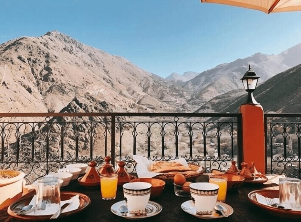 Spectacular views across Toubkal National Park from the breakfast terrace at one of the best hotels in Imlil