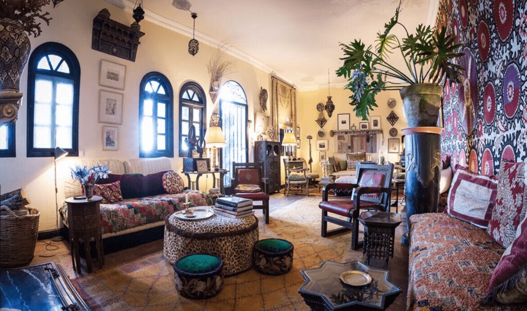 An eclectically decorated lounge at Aux 3 Portes, one of the best hotels in Tangier