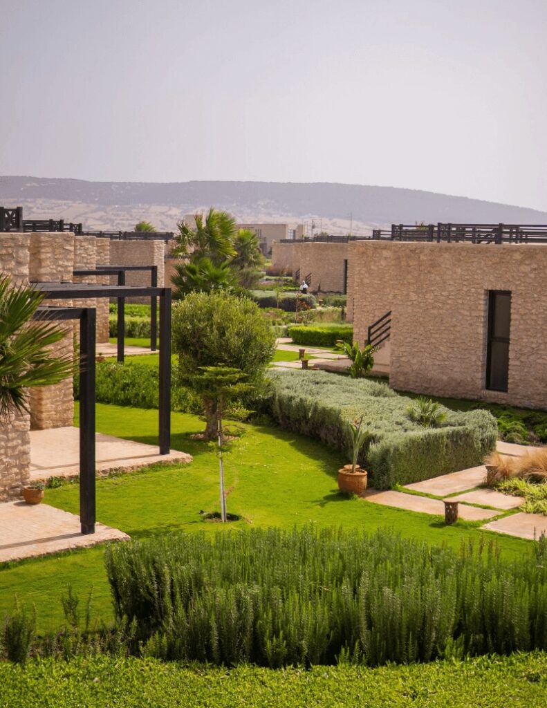 Stone-built villas at an eco-friendly hotel in Essaouira