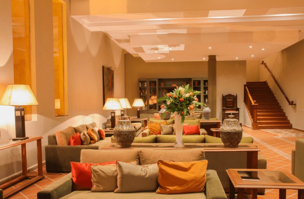 Lamps illuminate a lounge at Berbere Palace in Ouarzazate