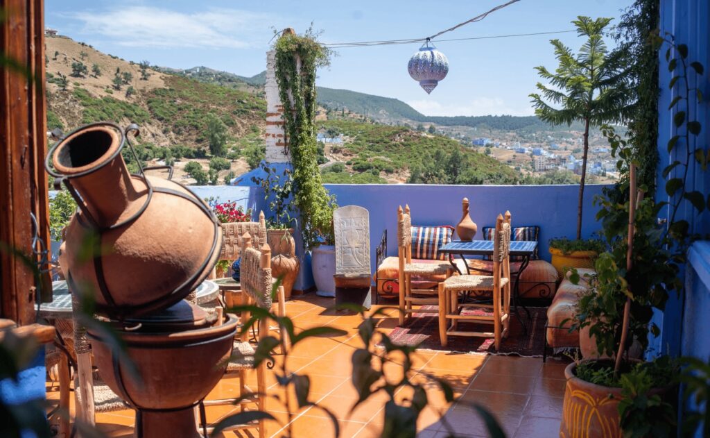 The rooftop terrace at Casa Blue Star, one of the best hotels in Chefchaouen 