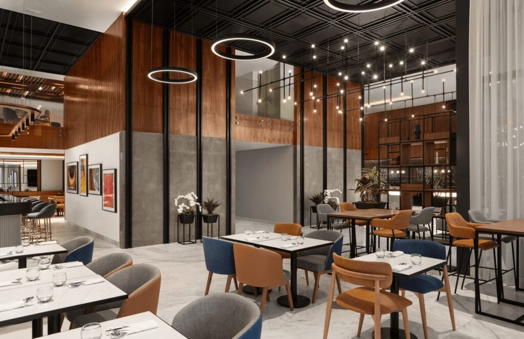 A bright and airy dining space at the Courtyard by Marriott Downtown Casablanca 