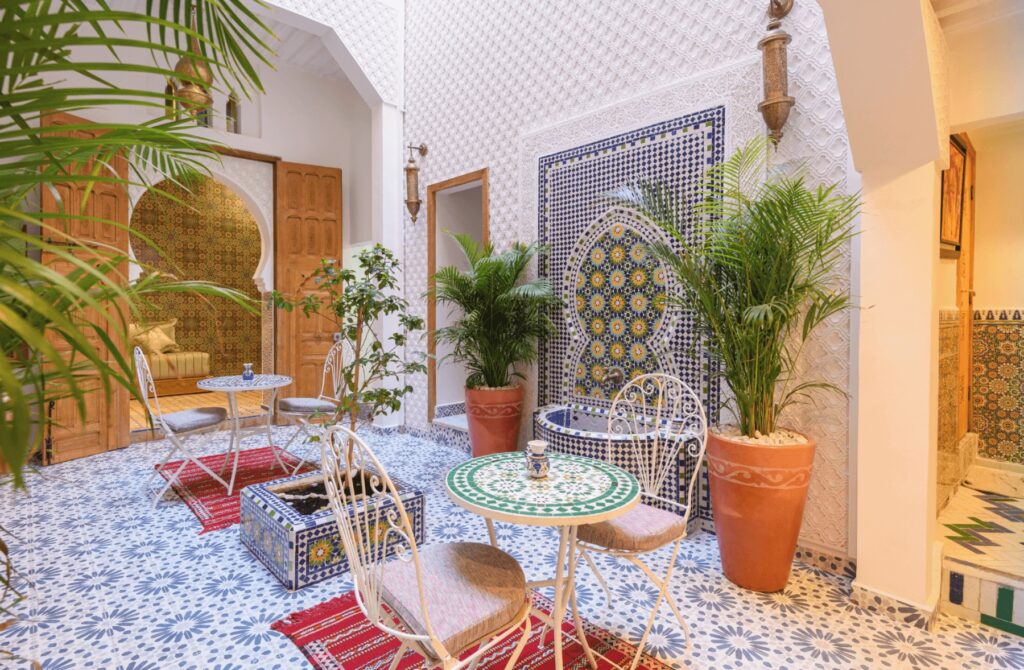 A colourfully tiled patio at Dar Al Jeld, one of the best luxury riads in Rabat