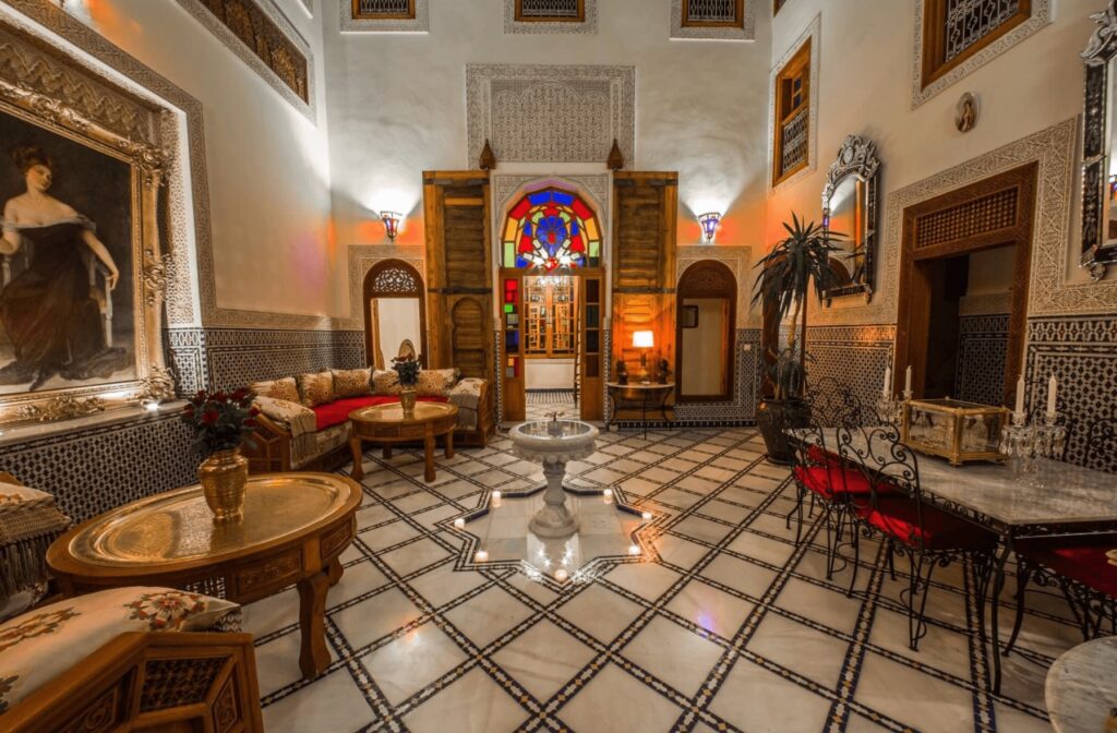 The central fountain patio of Dar Dalila, a budget-friendly riad in Fes