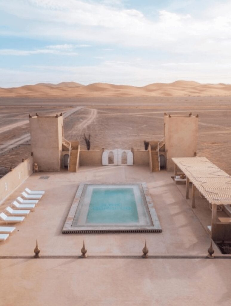 An elevated view of a pool at one of the best kasbah hotels in Merzouga