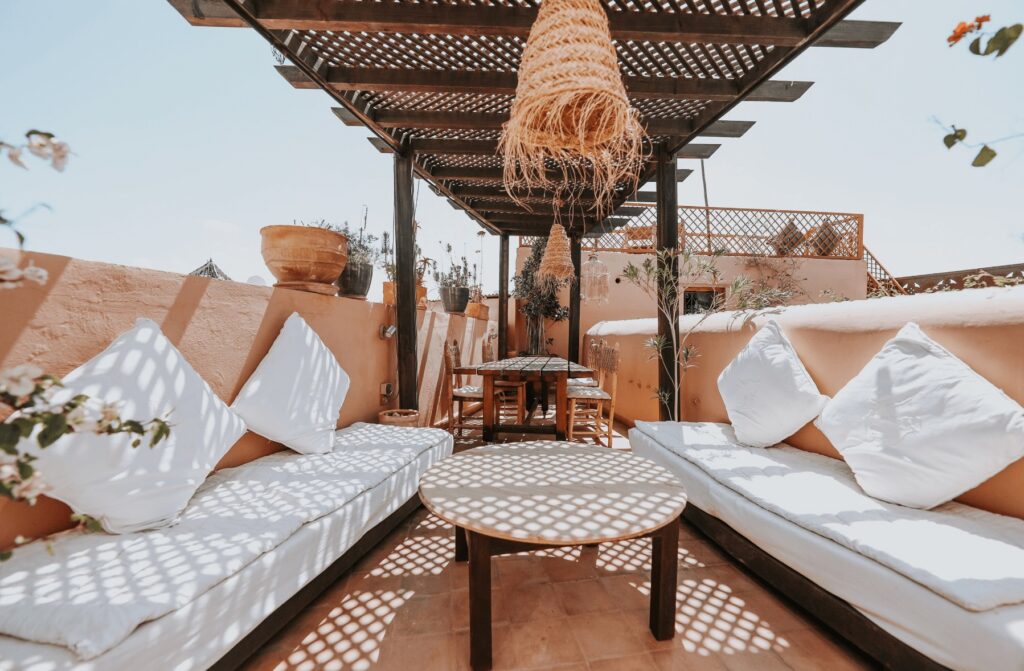 Sun loungers on the terrace at Dar Nour el Houda in Marrakech 
