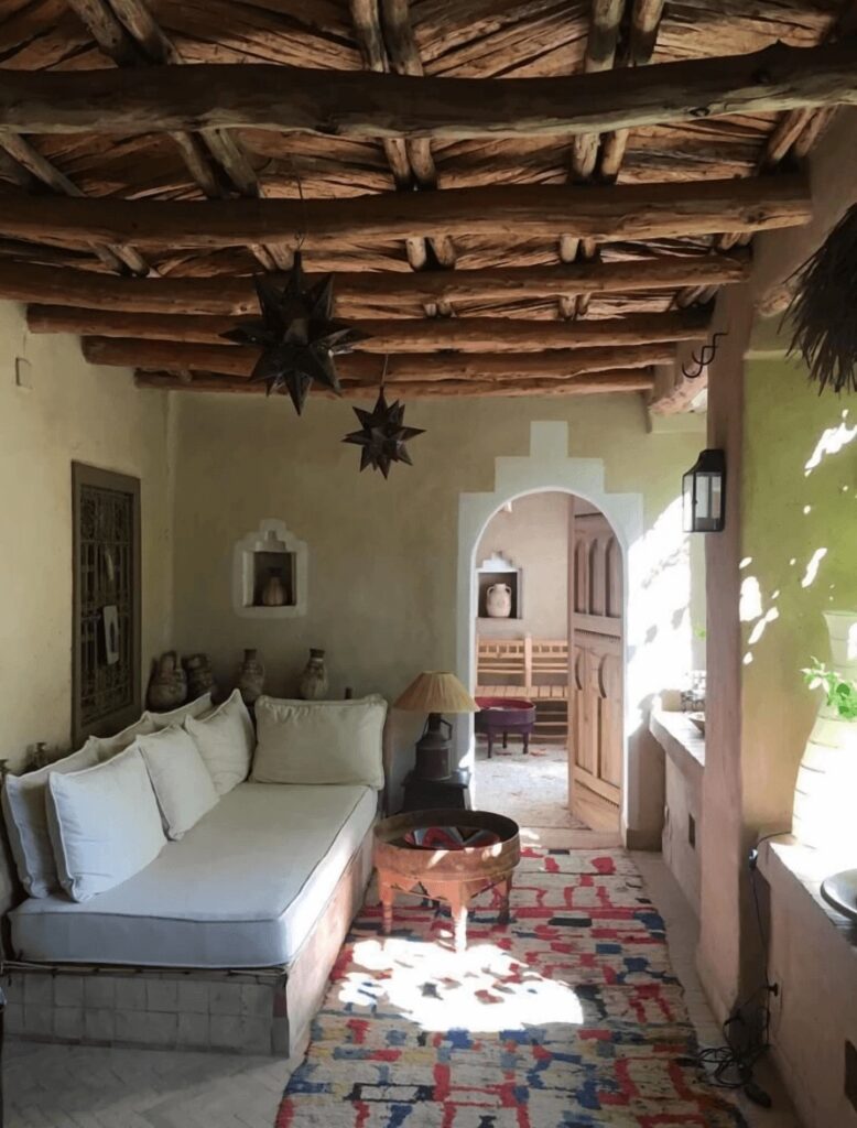 An exposed wooden roof in a sitting area at Dar Zahia, one of the best places to stay in Taroudant