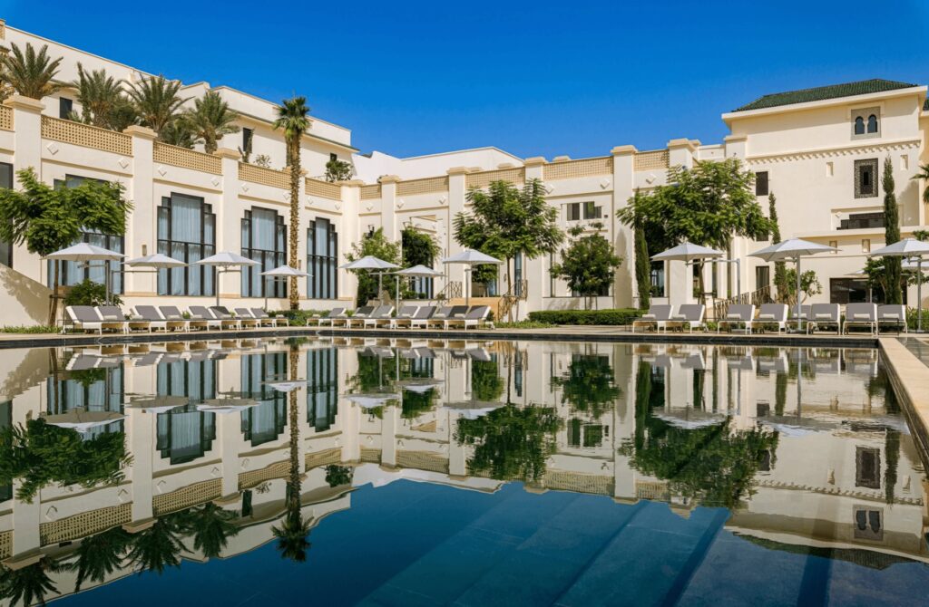 Reflections in the pool at Fairmont Tazi Palace Tangier, one of the best luxury hotels in Tangier