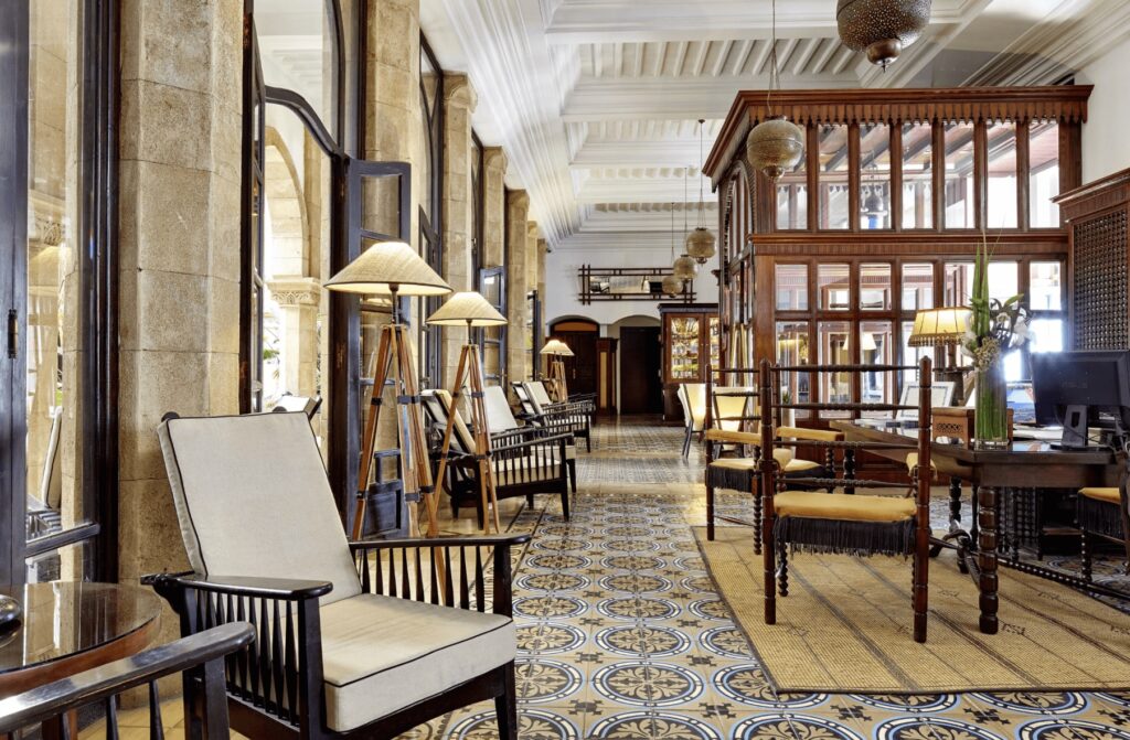 The sophisticated lobby of Heure Bleue Palais, a boutique hotel in Essaouira