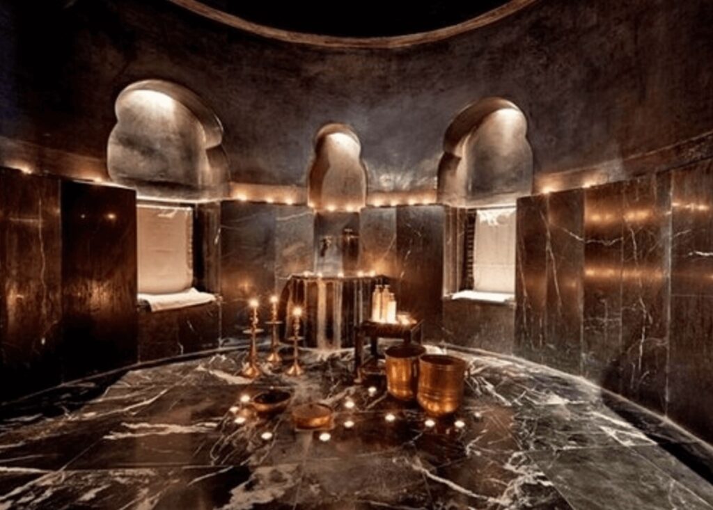 A black marble hammam at Heure Bleue Palais - one of the best spa hotels in Essaouira