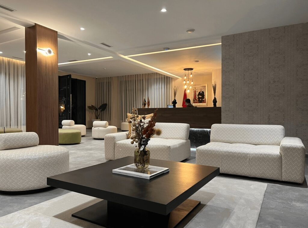 The sophisticated lobby of Hotel Ben Batouta, an affordable hotels in Tangier