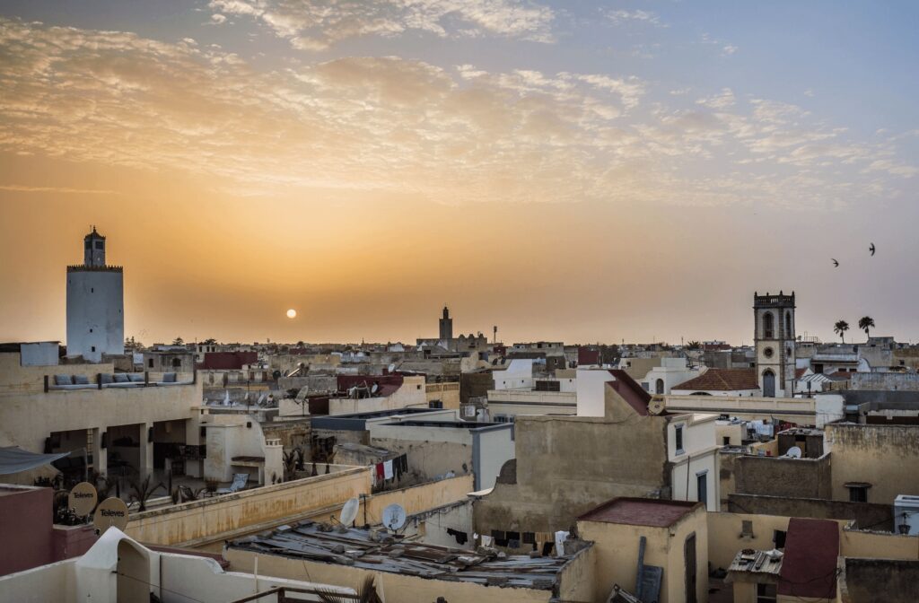 Views across El Jadida at sunset from the rooftop terrace of Hotel L'Iglesia