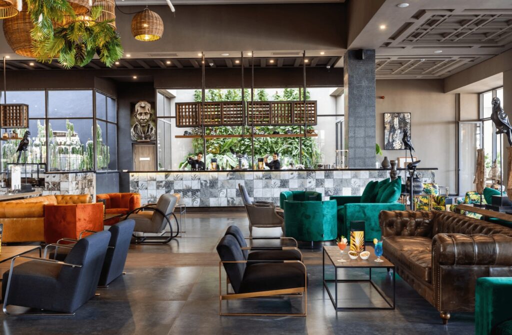 An eclectically decorated bar at Hotel Riu Palace Tikida Taghazout