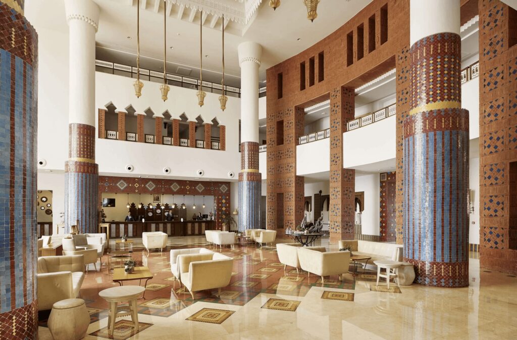 An opulently decorated foyer at Iberostar Waves Founty Beach, one of the best all-inclusive resorts in Agadir