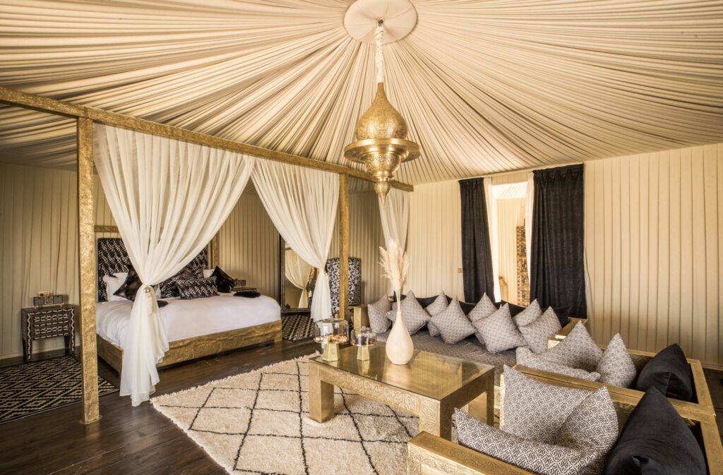 An opulently decorated tent at one of the best desert camps in Agafay