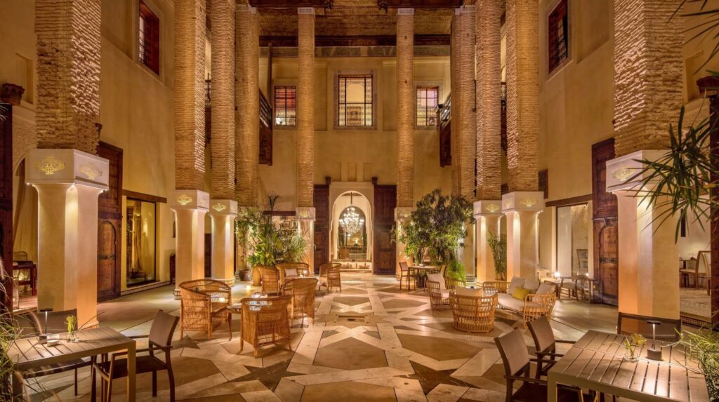 The opulent interior patio of Karawan Riad - one of the best luxury places to stay in Fes 