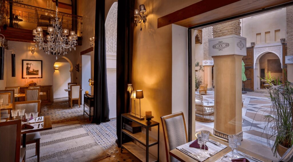 One of the beautifully decorated spaces of Karawan Riad - a luxury hotel in Fes