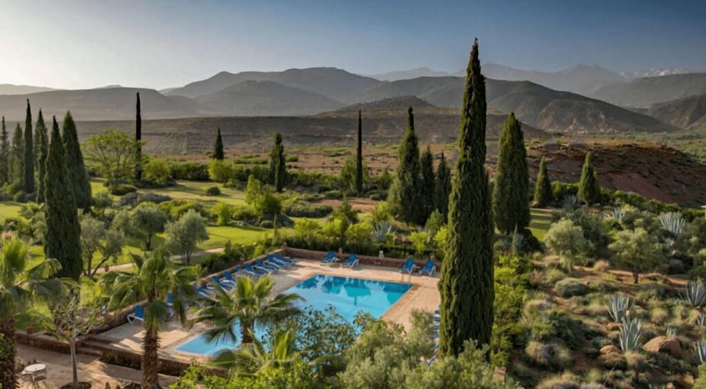 A swimming pool with views of the Atlas Mountains at Kasbah Angour