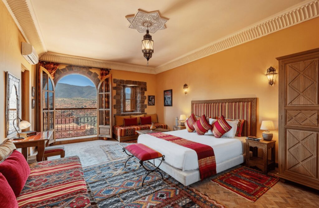 A beautifully decorated suite at Kasbah Angour - a luxury hotel in the Atlas Mountains of Morocco