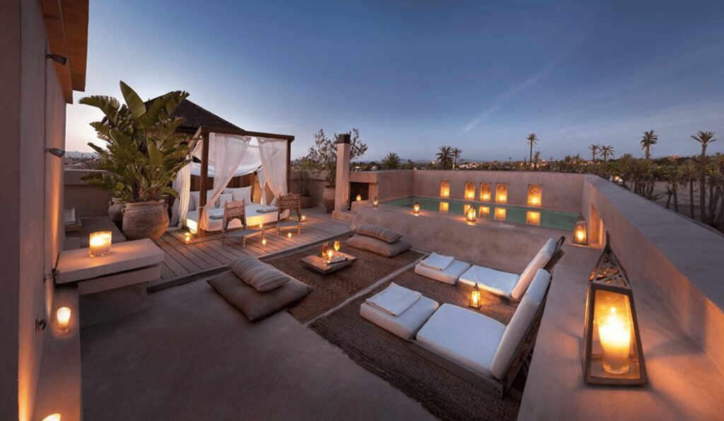 A candle-lit terrace at a luxury hotel in Marrakech