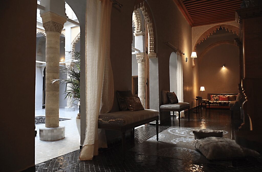 One of the beautifully decorated lounges at L'Alcazar, one of the best luxury riads in Rabat
