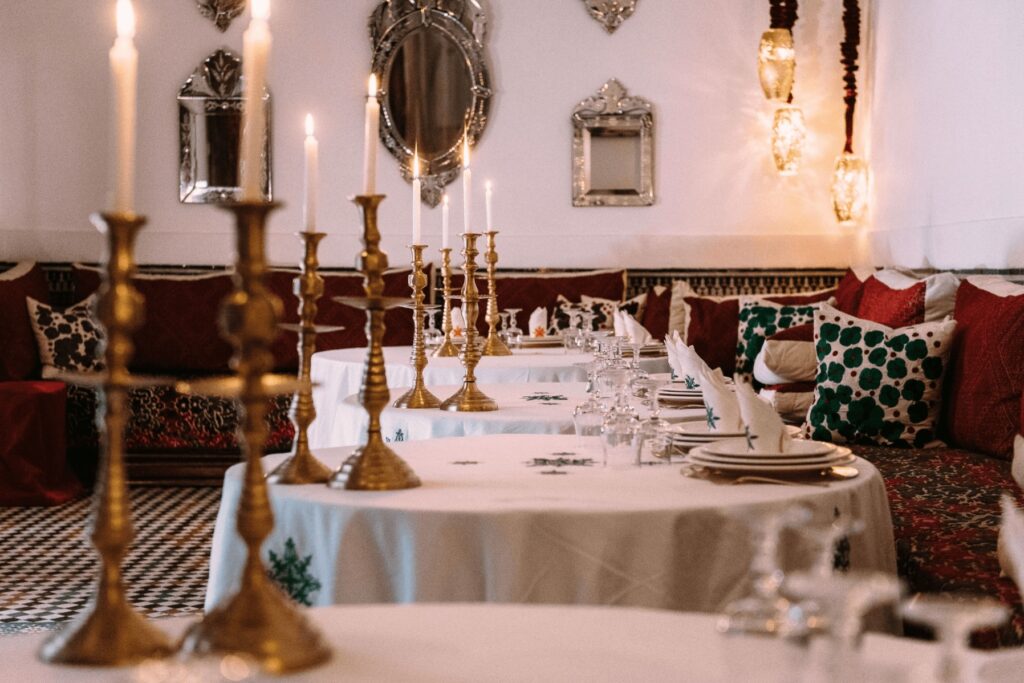 Beautifully decorated tables at La Maison Bleue & Spa, one of the best riads in Fes