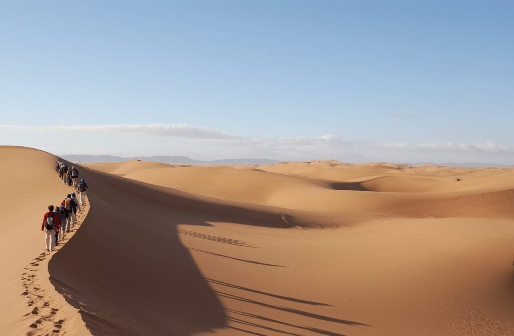 Walking along a towering dune in the Sahara Desert